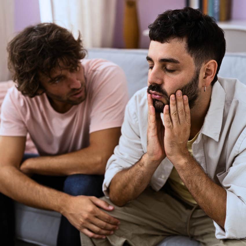 emotional hypocritical man saying I would never do that to you to his friend