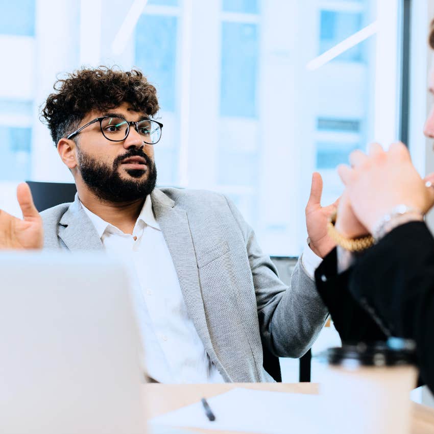 uncaring unempathetic man telling colleague they made that choice for themselves