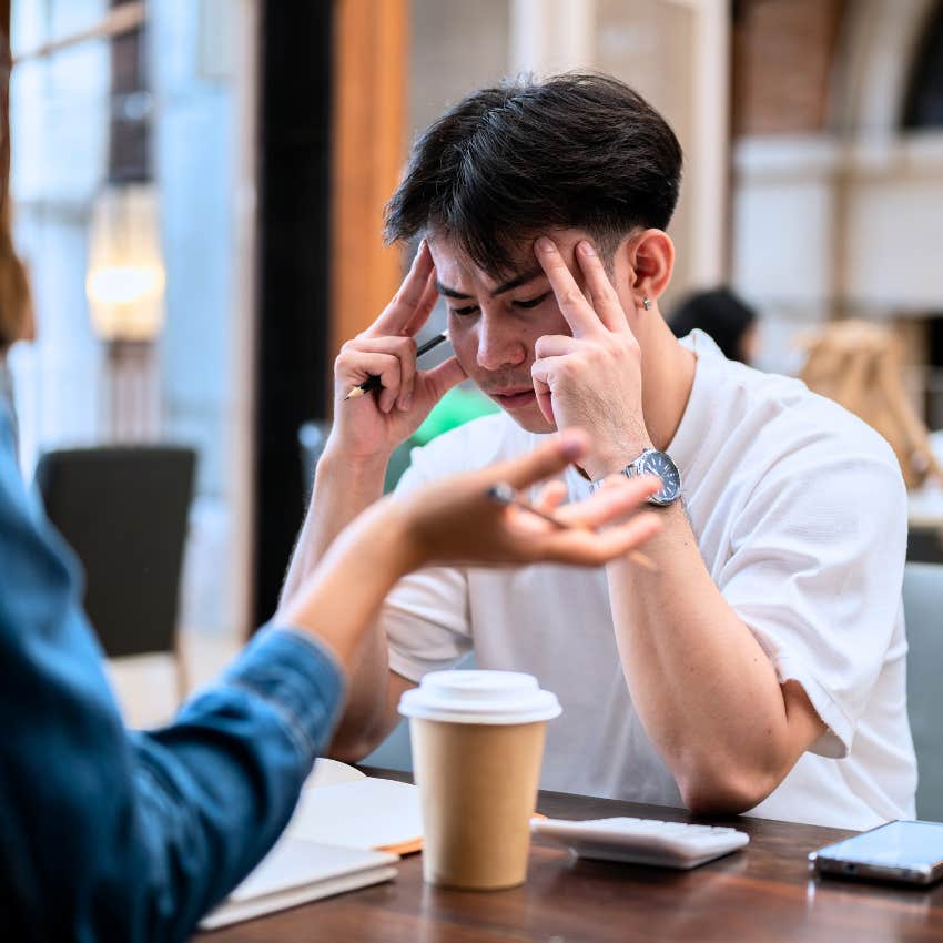 Man saying "I'm just one person" to his friend.