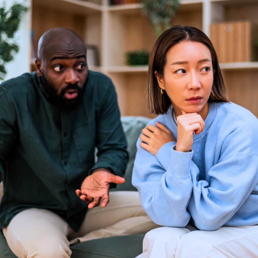 Woman saying "I've heard this before" to her empathetic partner.