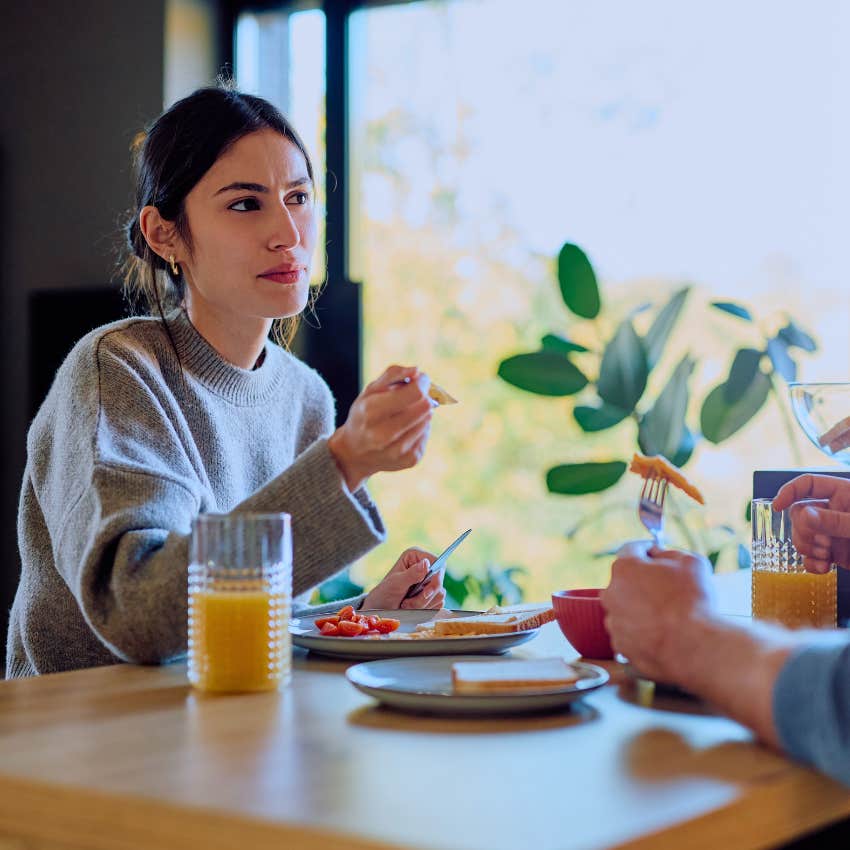 woman losing her capacity to argue saying I see to her partner at breakfast