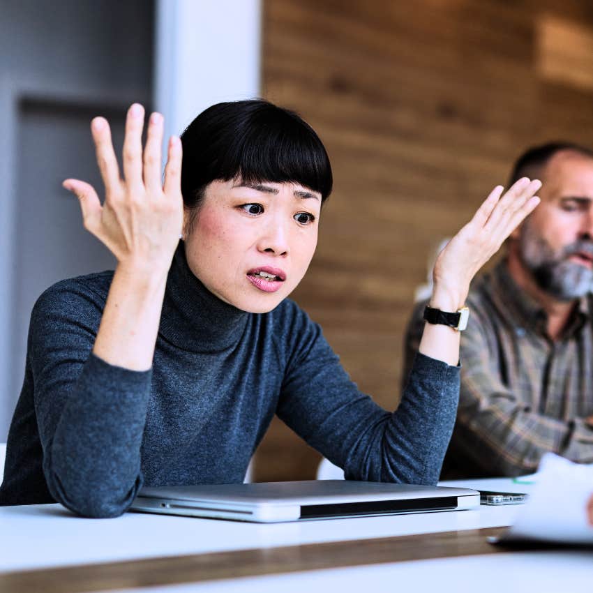 frustrated stressed woman saying I can't live like this in work conversation