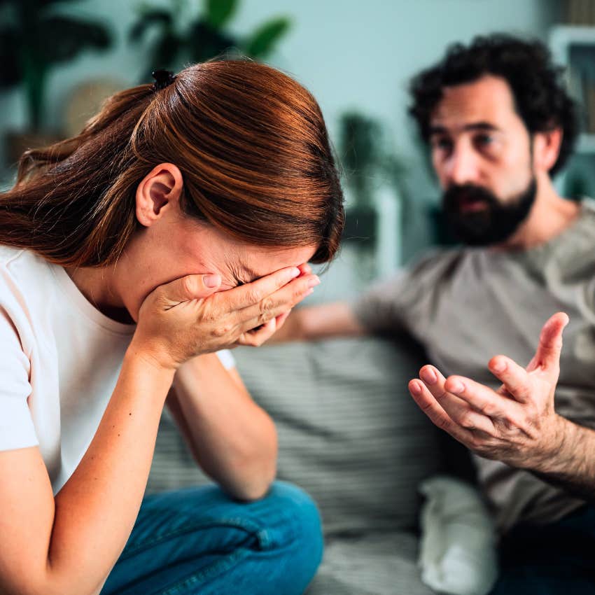 needy woman crying to upset partner saying I'll fix it I promise