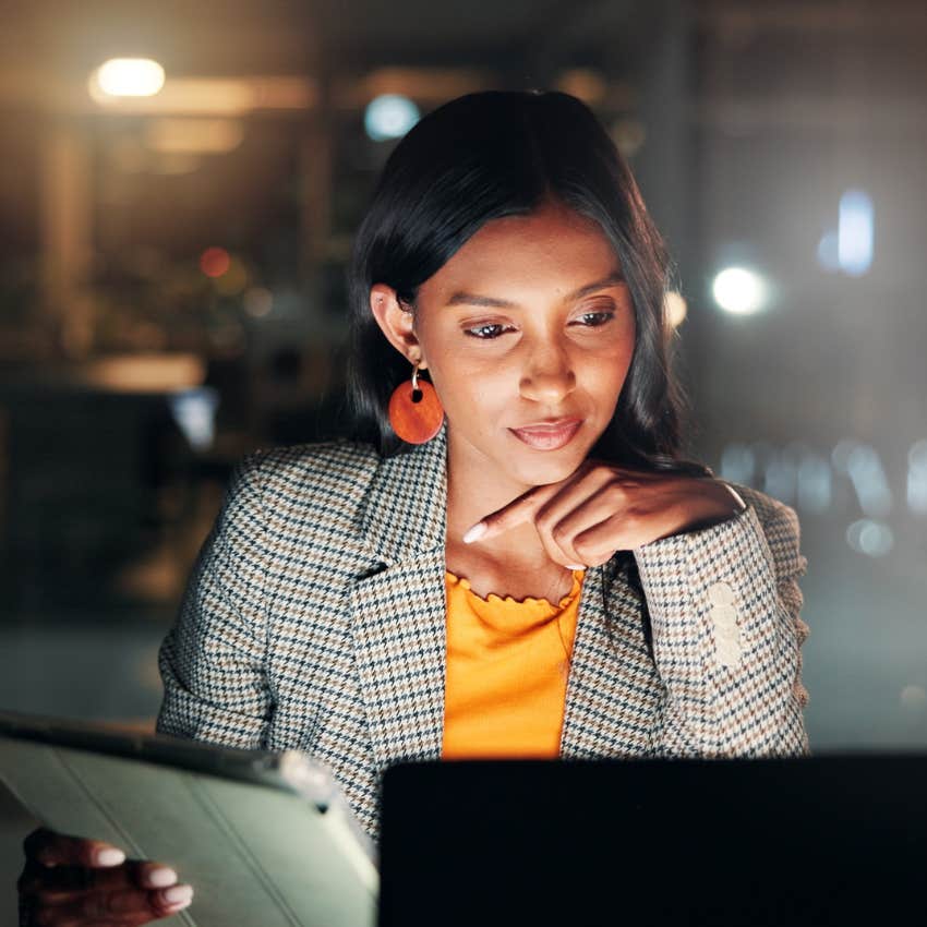 intelligent woman working before going to bed