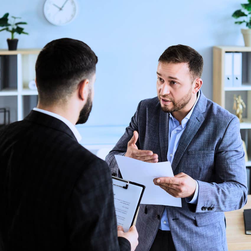 weak boss talking to employee telling him that's just how it has to be