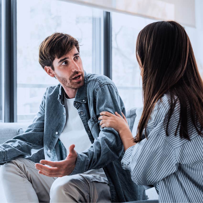 fragile man saying I can't help it to his partner in discussion