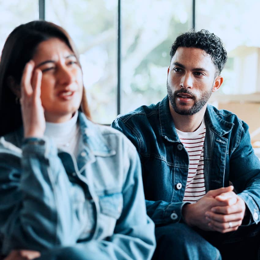 defensive immature woman saying I don't even care to her partner at home