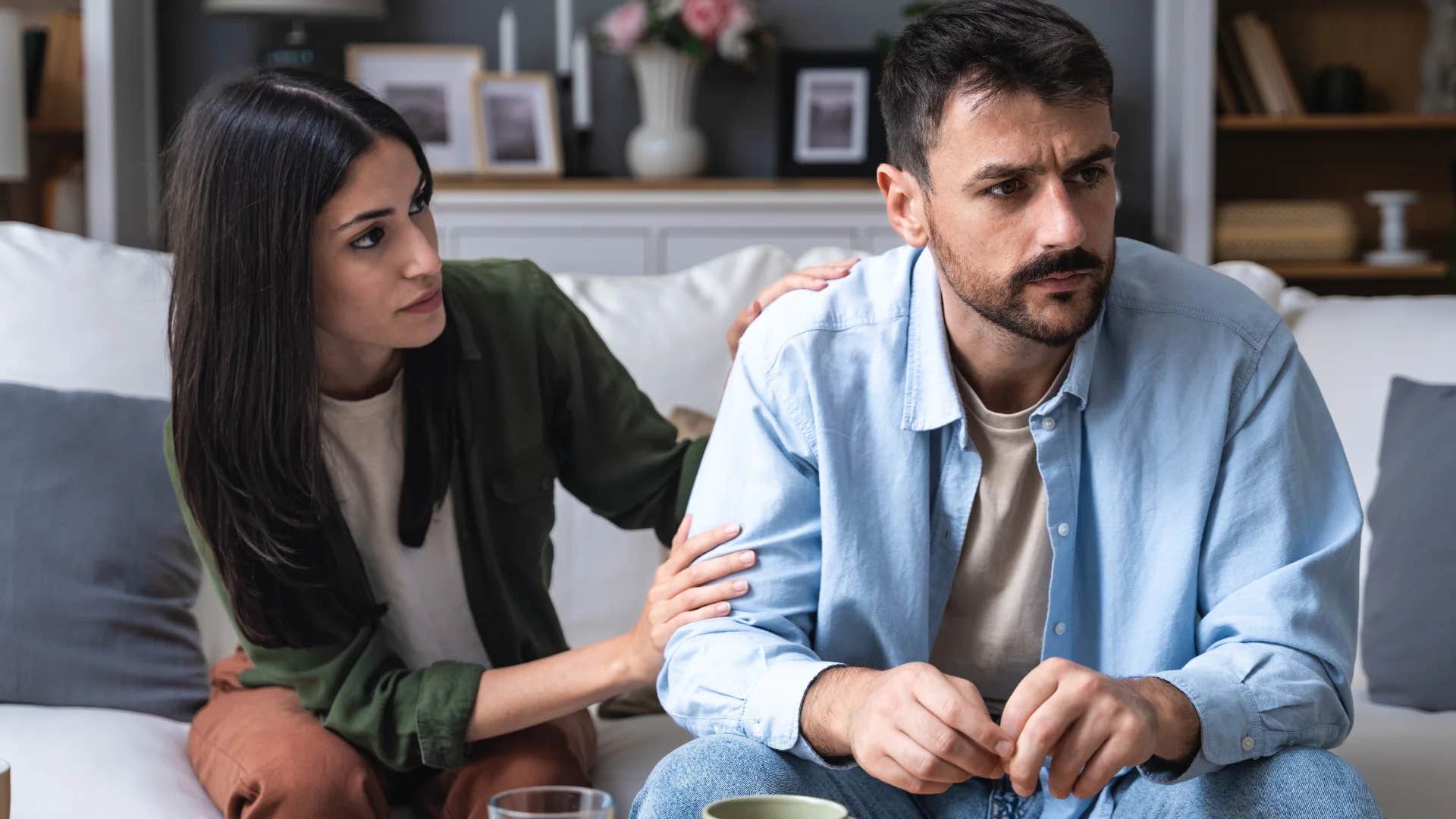 incompetent woman telling upset partner it's not her fault