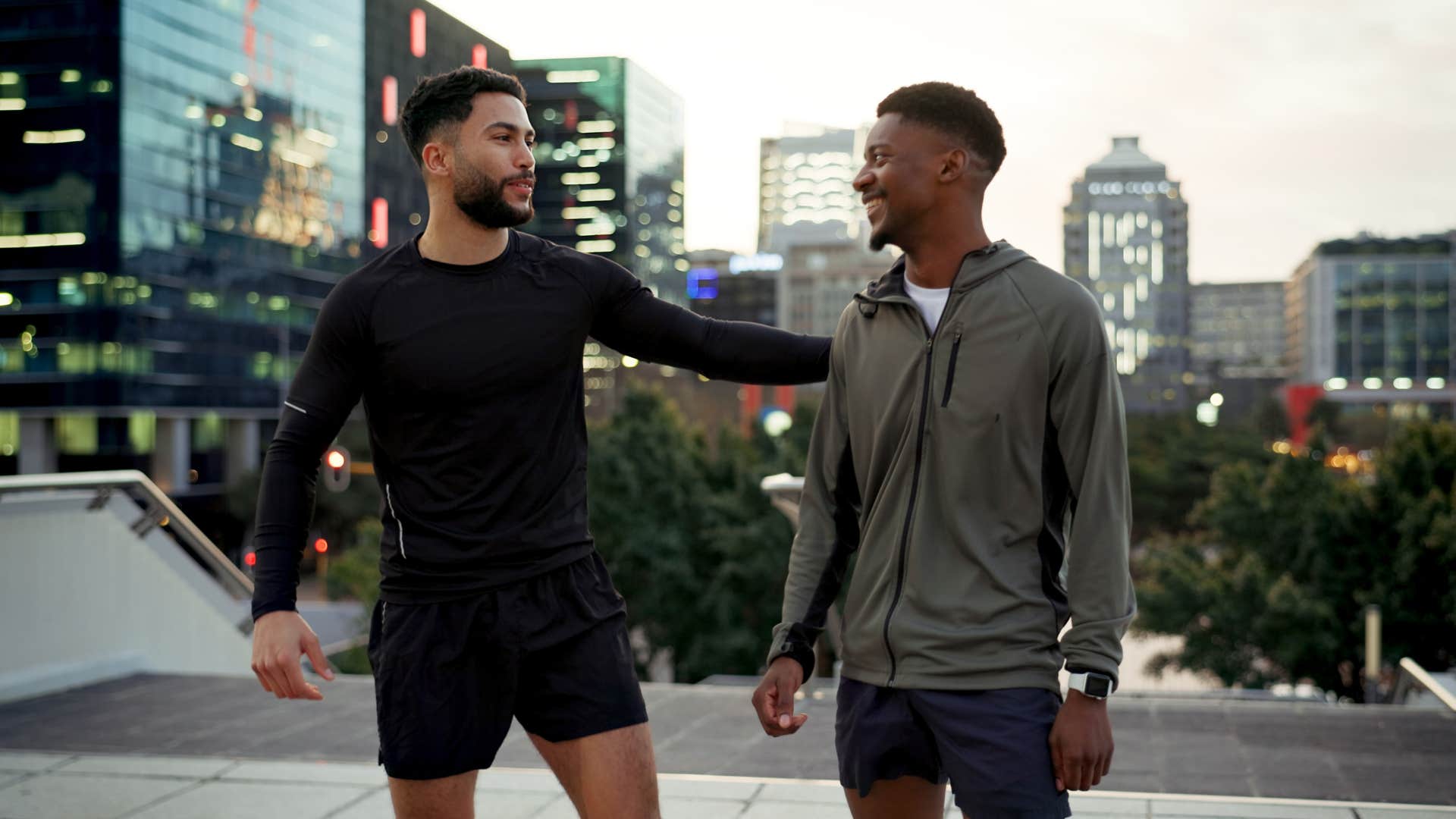 man who hates small talk telling workout buddy let's pick this up another some other time