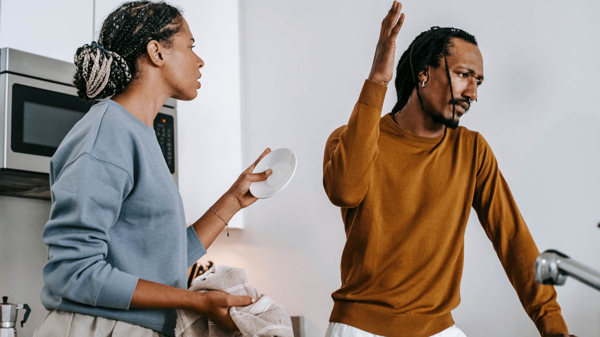 man with low depth ignoring partner and telling her i don't care