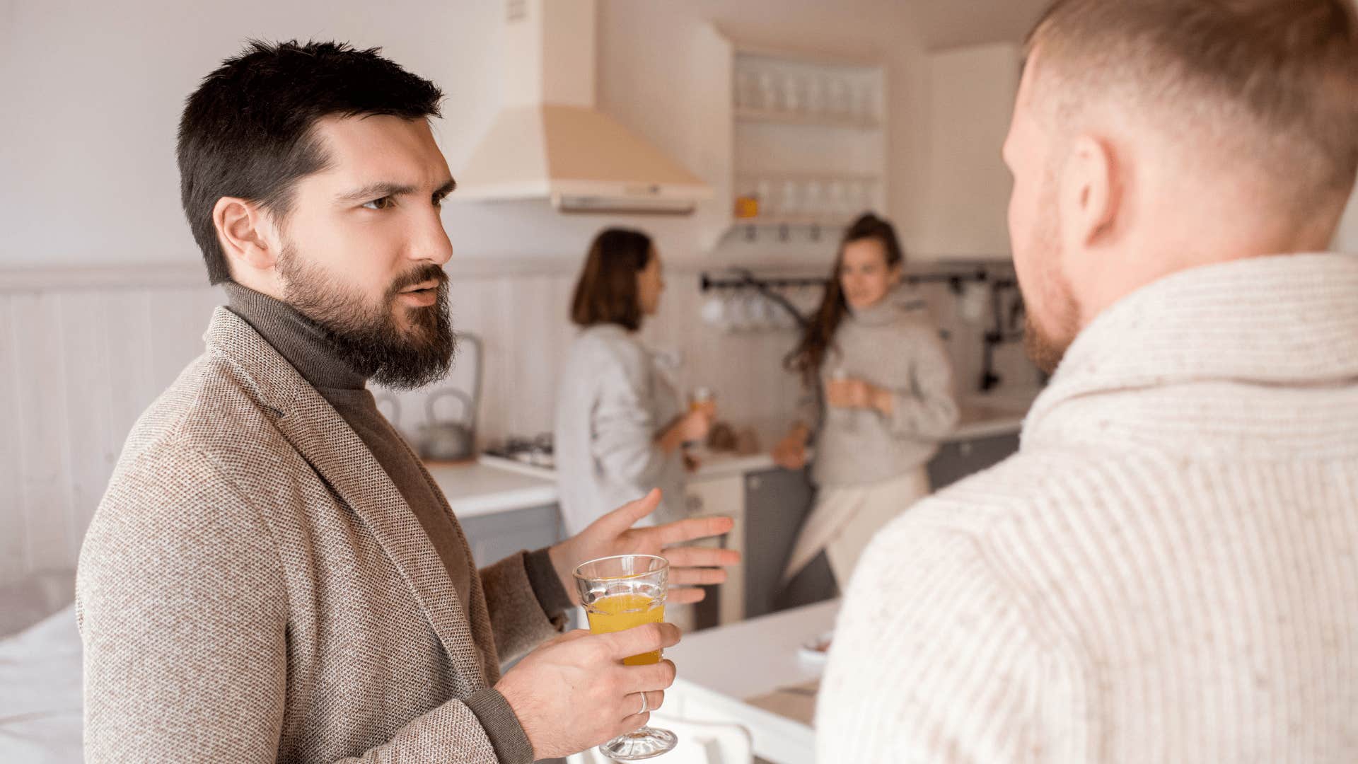 perceptive magnetic man talking to friend at breakfast