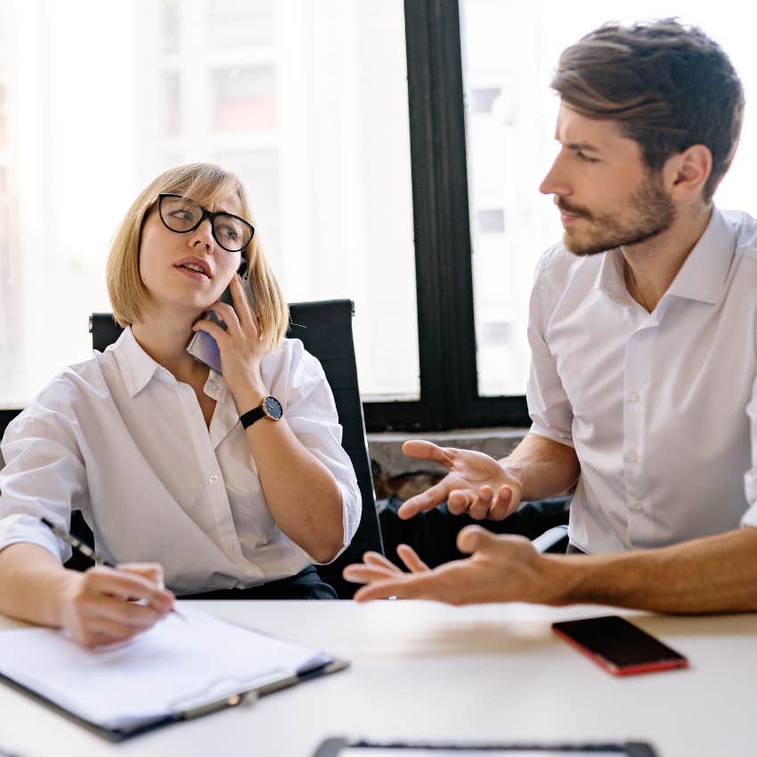 impatient man yelling at coworker on the phone telling her to work faster
