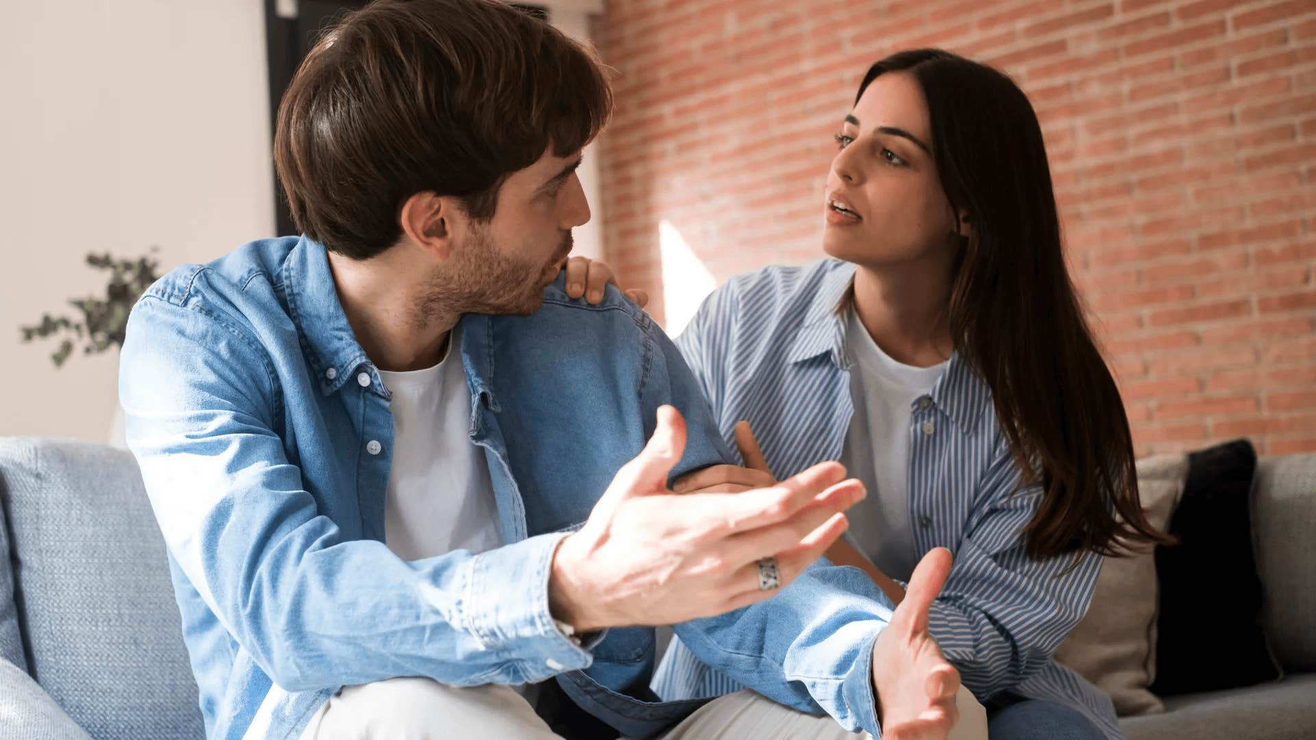 frustrated woman telling husband it's just common sense during argument