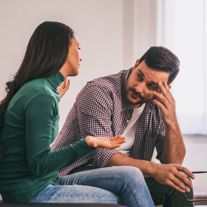 inconsiderate woman telling her husband that happened a long time ago