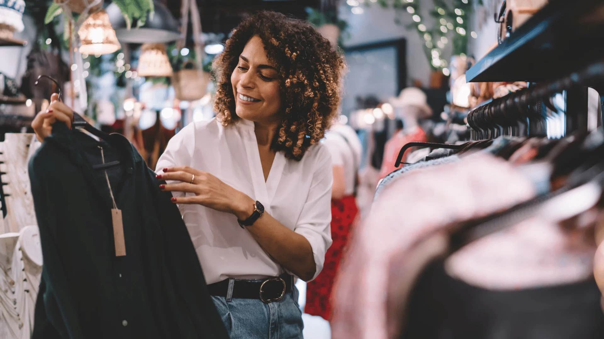 insecure woman shopping for brand name clothing