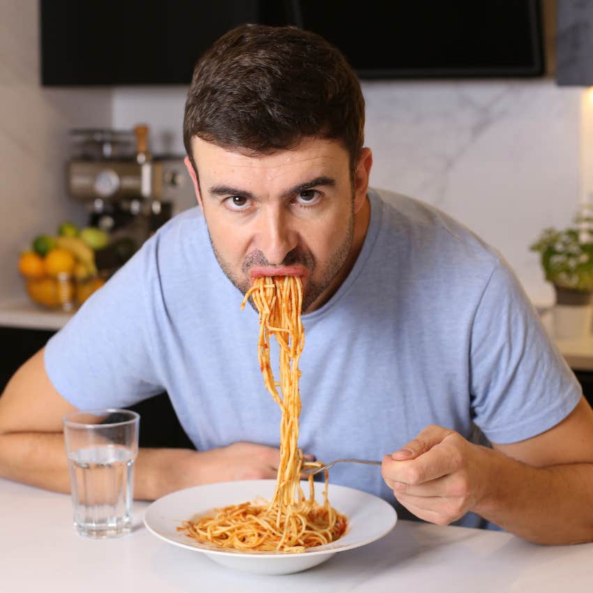dad whose kids have no manners eating spaghetti like a slob