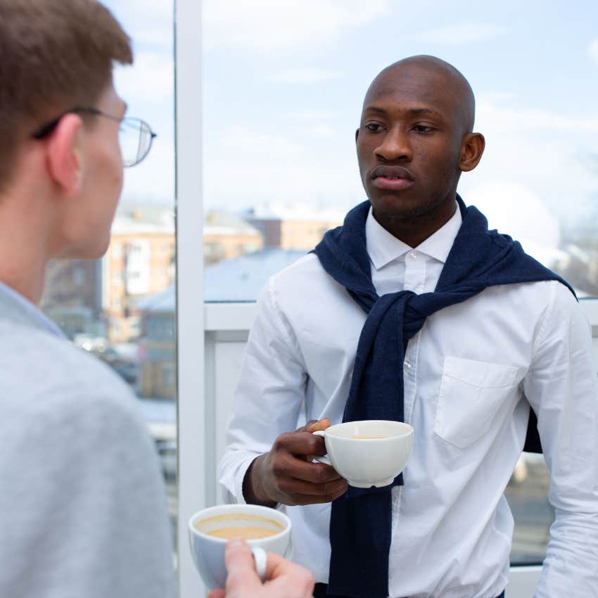 high-iq non-linear thinking man telling colleague he doesn't have answers