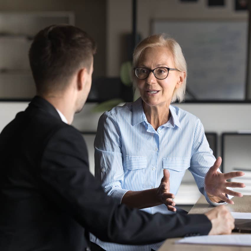 boomer woman giving a gen z man a lecture