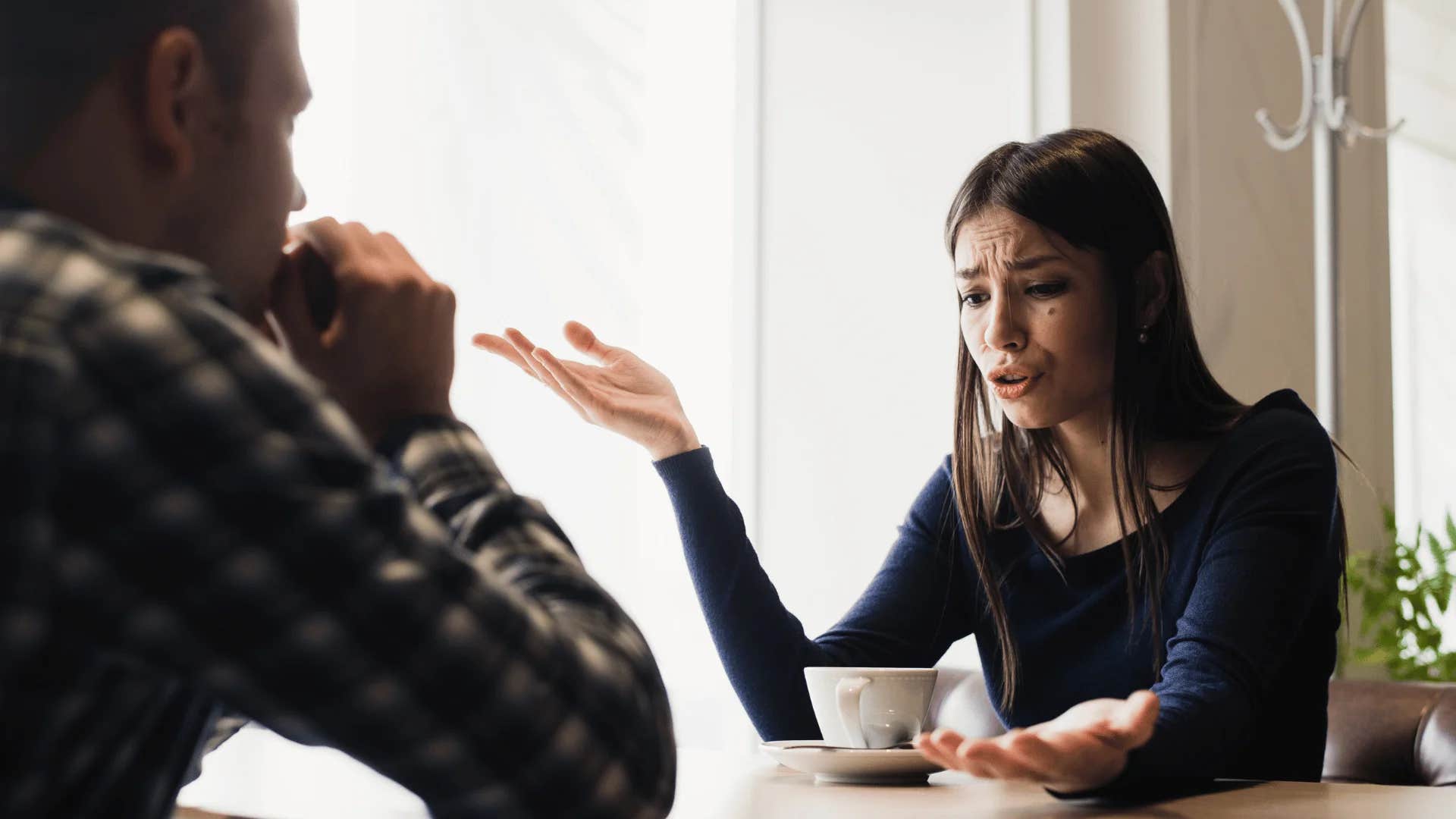 woman telling man you're lucky i'm with you