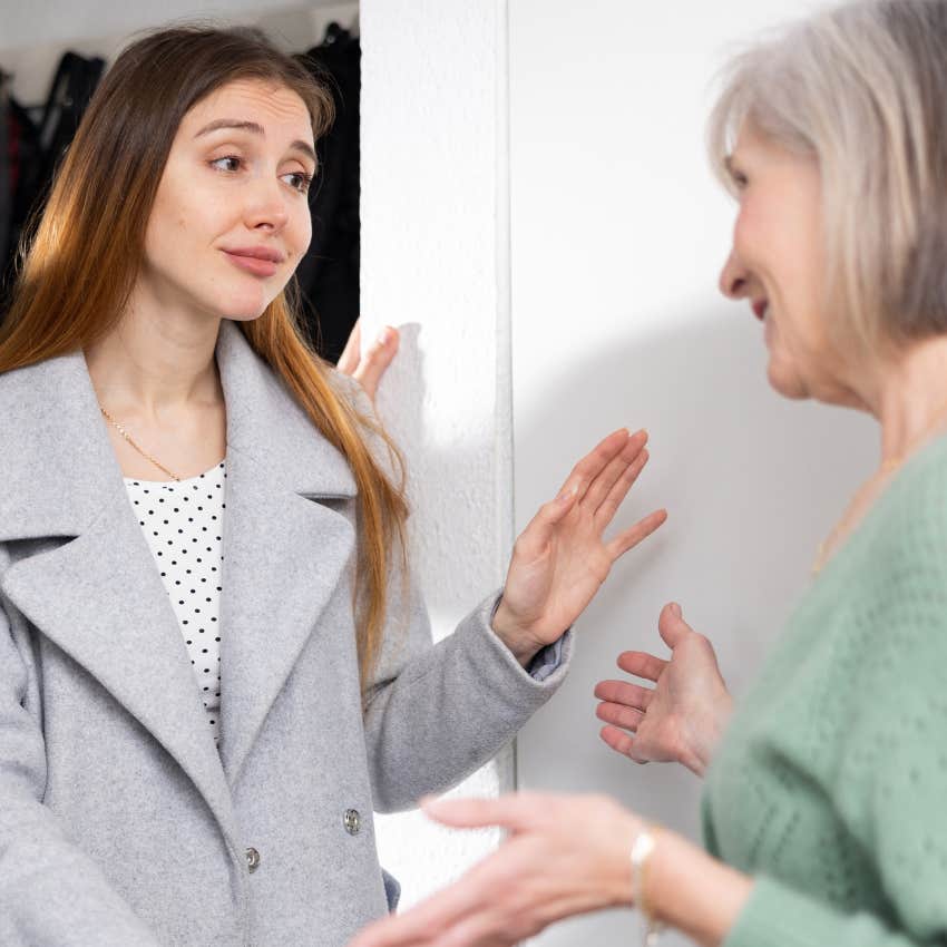 woman saying no to a surprise visit from her aging mother