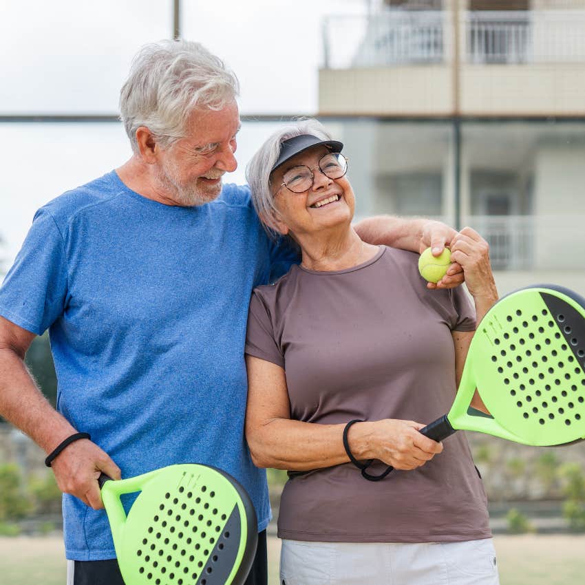 mature couple playing pickleball has regrets they ignored their health in their 40s