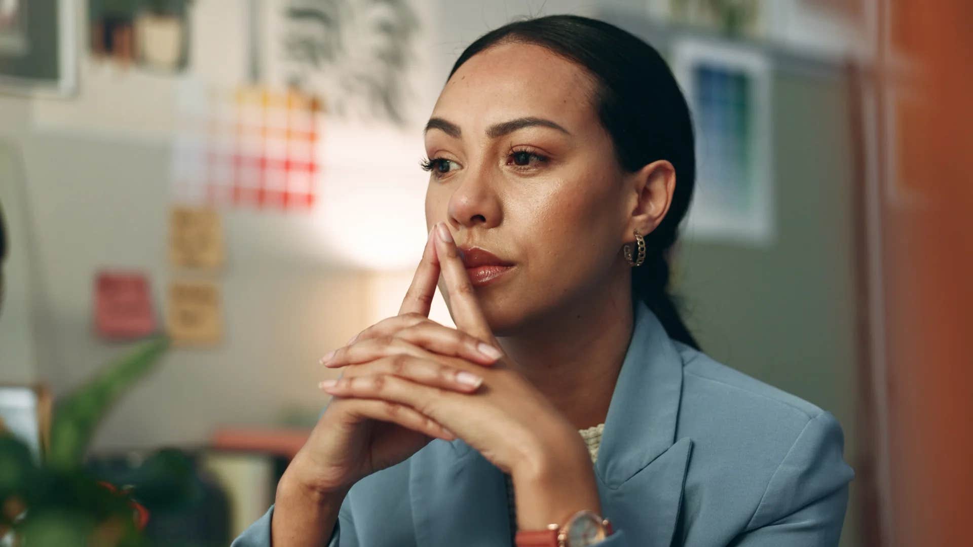 professional woman thinking to herself we've already been together for years