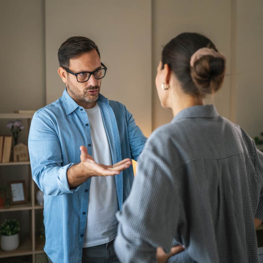 Woman saying "we have to leave soon" to her husband at home.