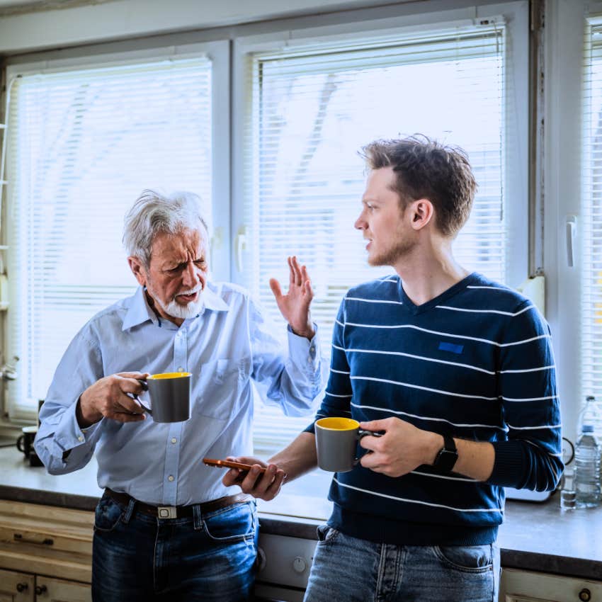 transactional dad talking to his adult son over coffee