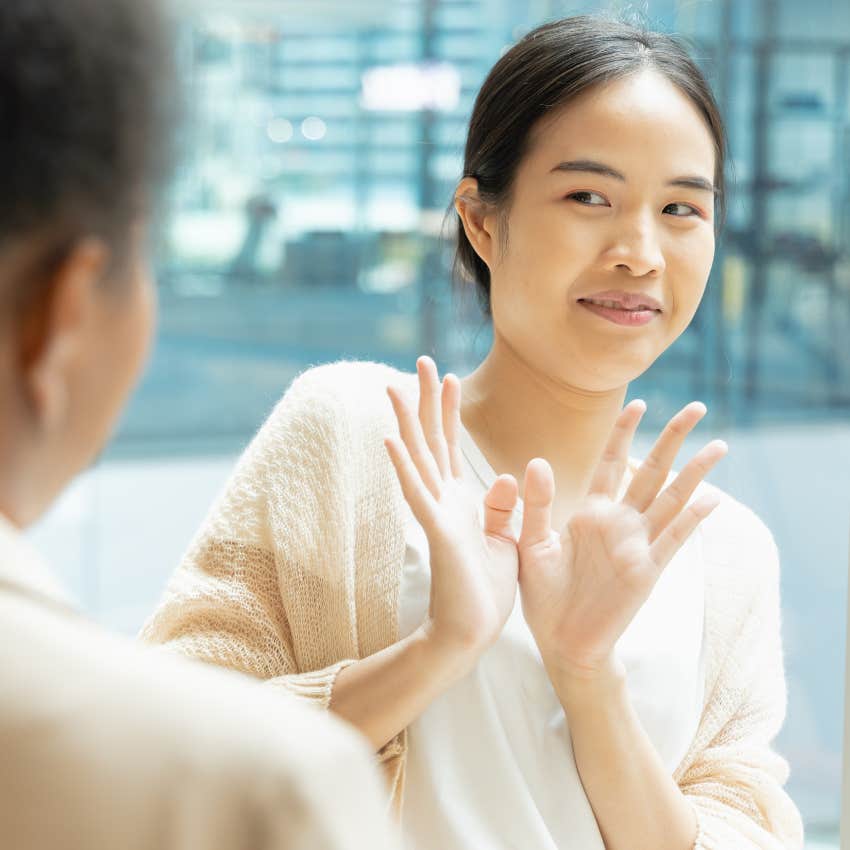 high-iq woman refusing to try something saying no thanks being standoffish