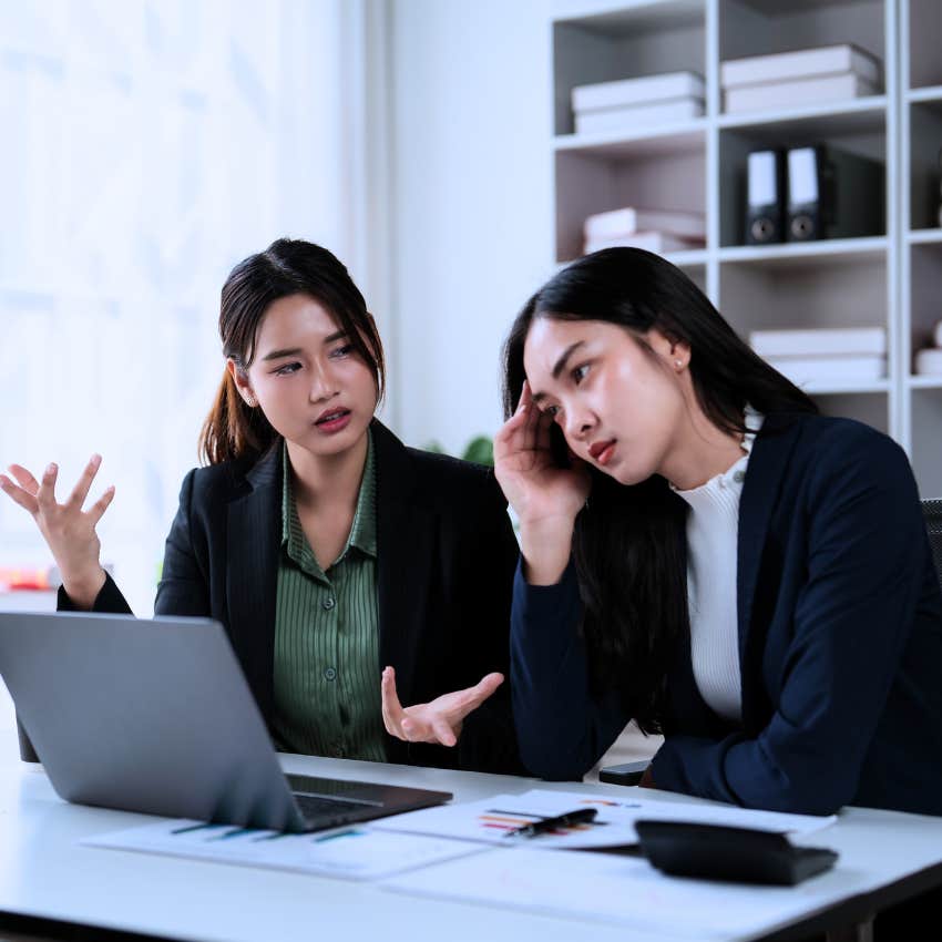 low intelligence woman refusing to change her mind at work with colleague