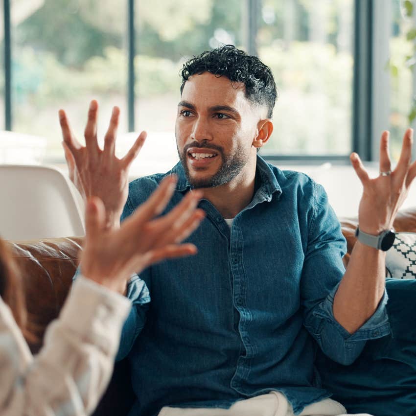 disagreeing man arguing with friend over something small