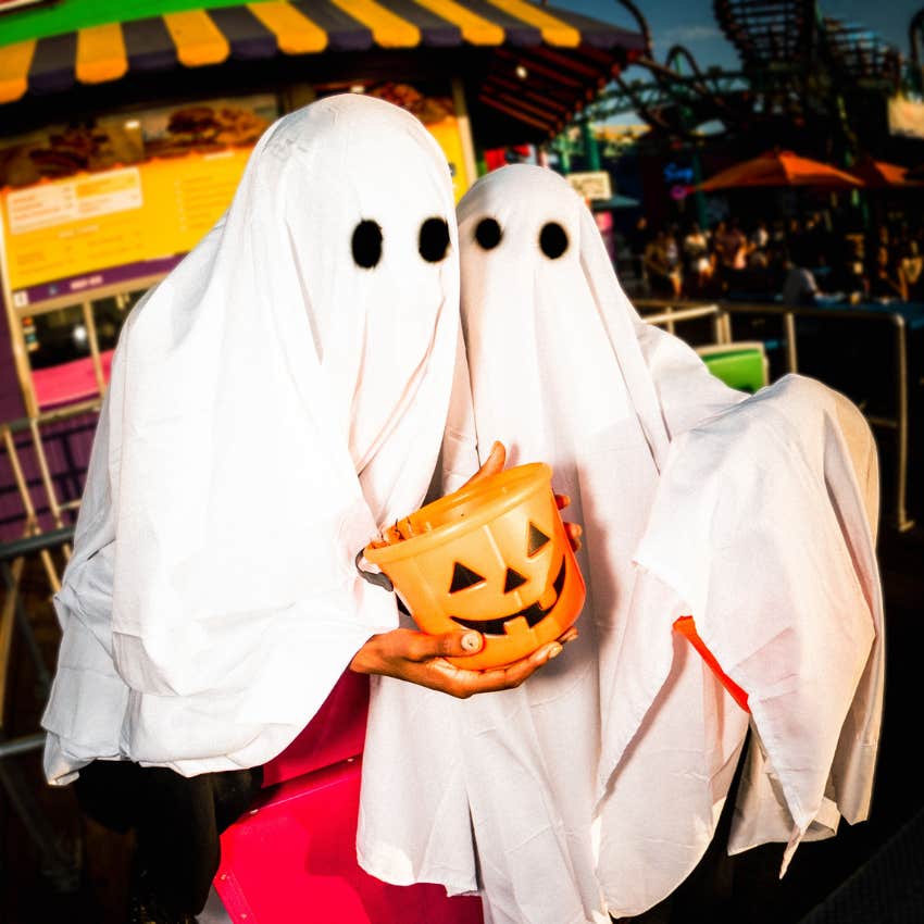 Gen X mom and kid in Halloween costumes