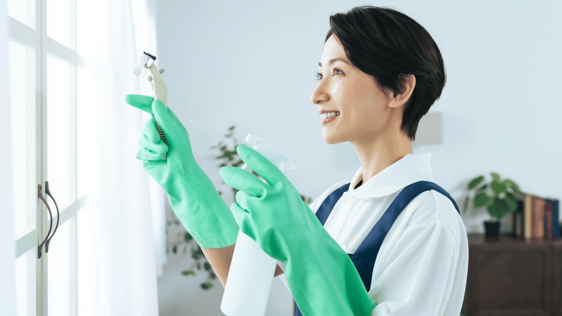 woman with navy blue apron making homemade cleaning solutions instead of buying them as she cleans the window