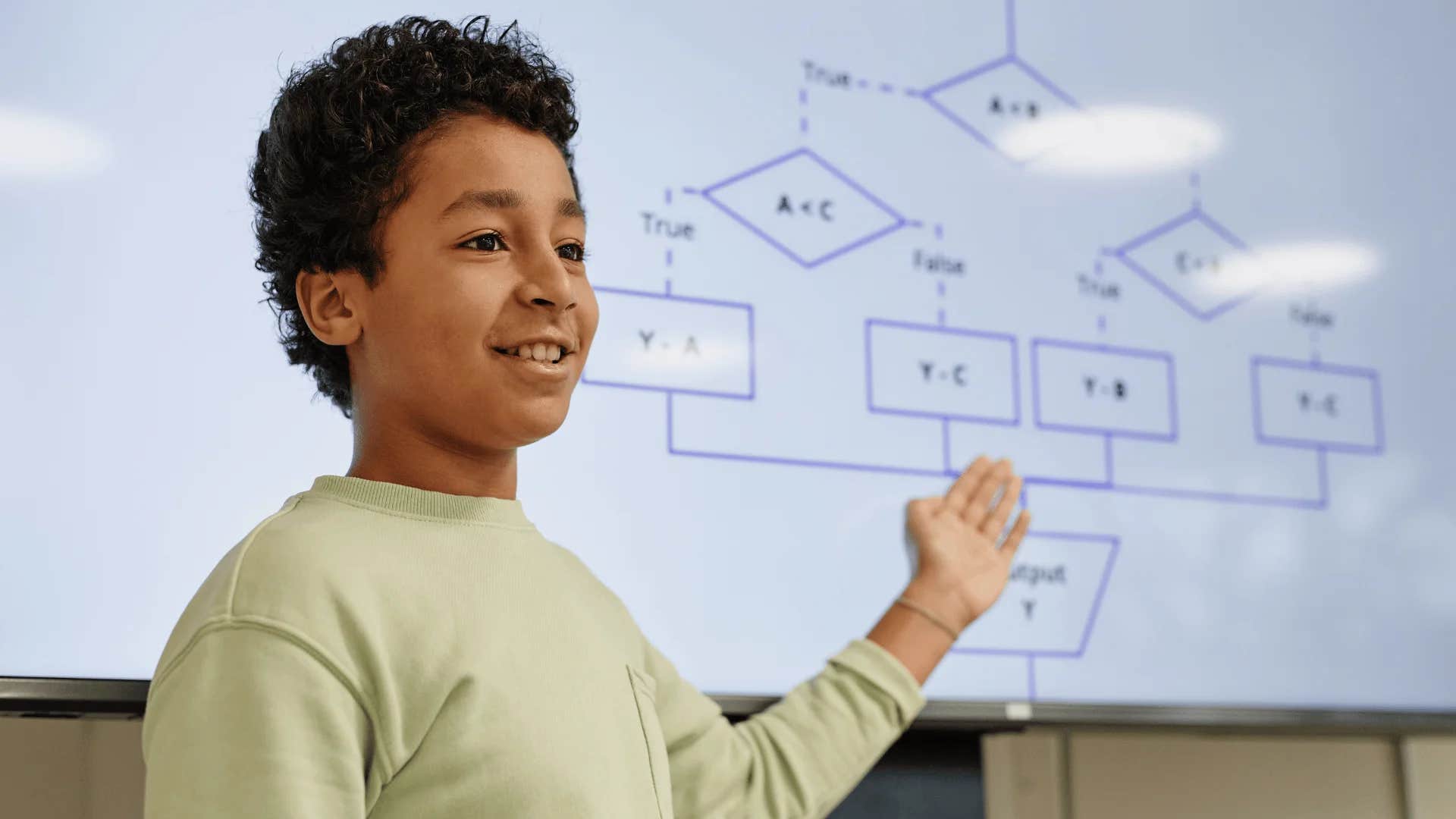 student standing in front of overhead projector