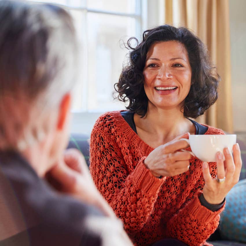 gen x woman telling a lie to a man