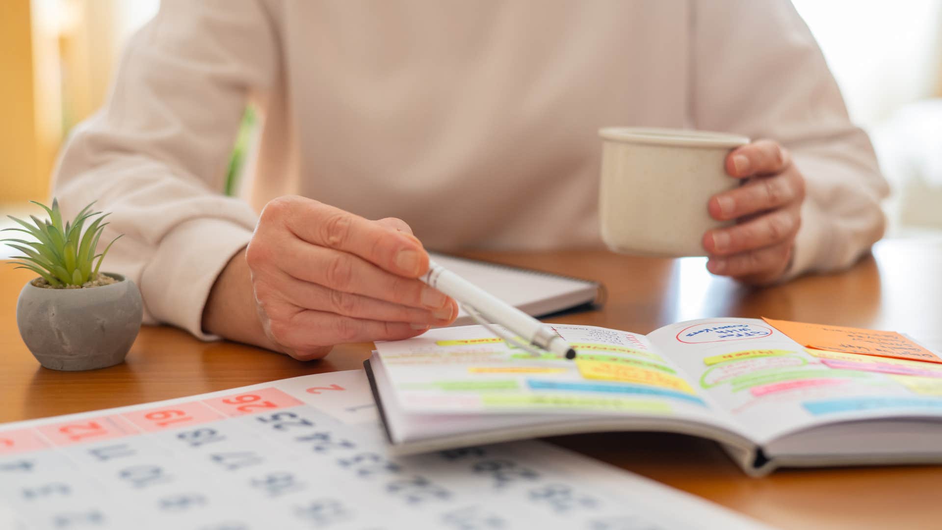 organized women double-checking schedule in her paper planner and calendar
