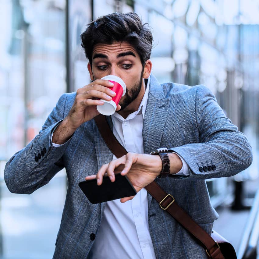 Man who struggles to be on time running late to work.