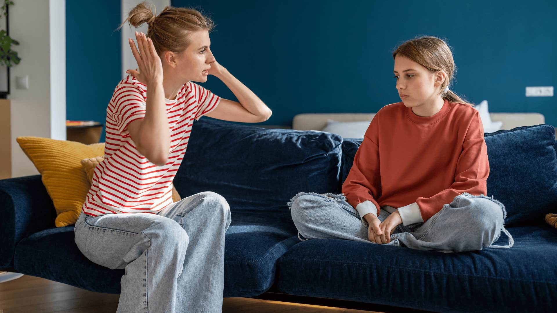 mother in stripped shirt yelling at daughter as she says i don't have time for this