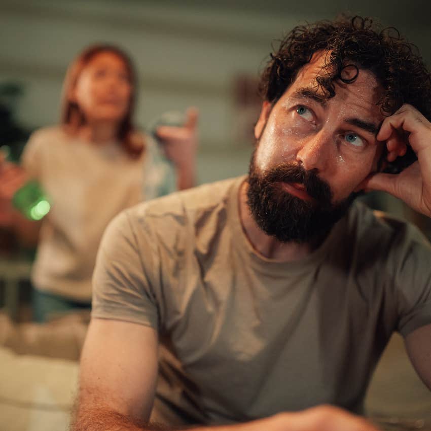 sad man listening to partner blame and stonewall him