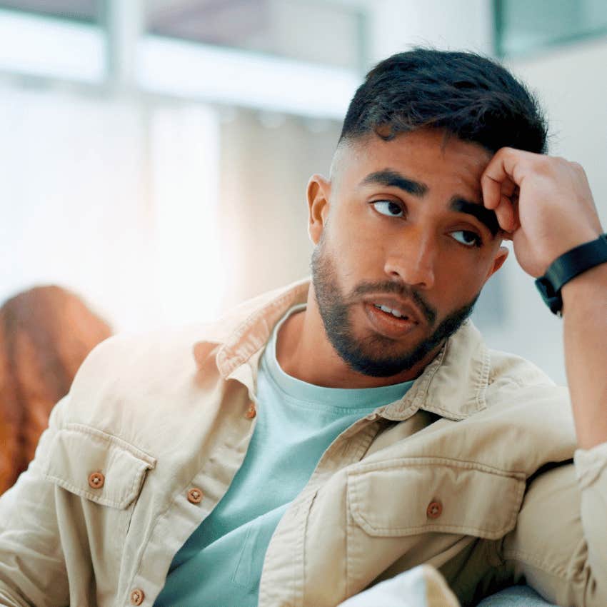 man who is slowly losing their ability to stay calm being told by wife whatever