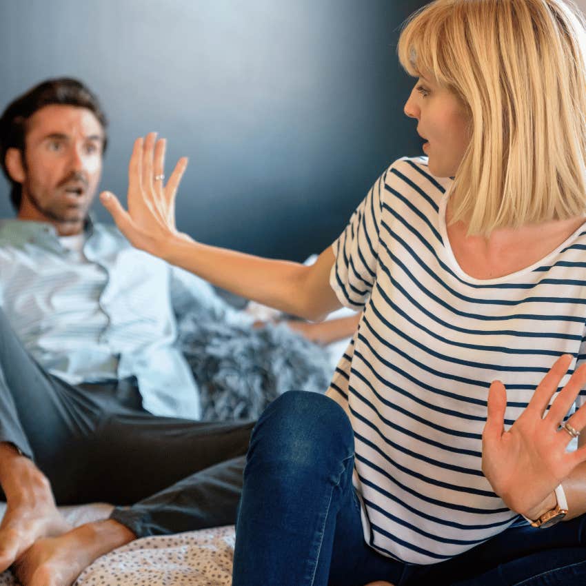 man slowly losing his ability to stay calm being told by his wife you're overreacting