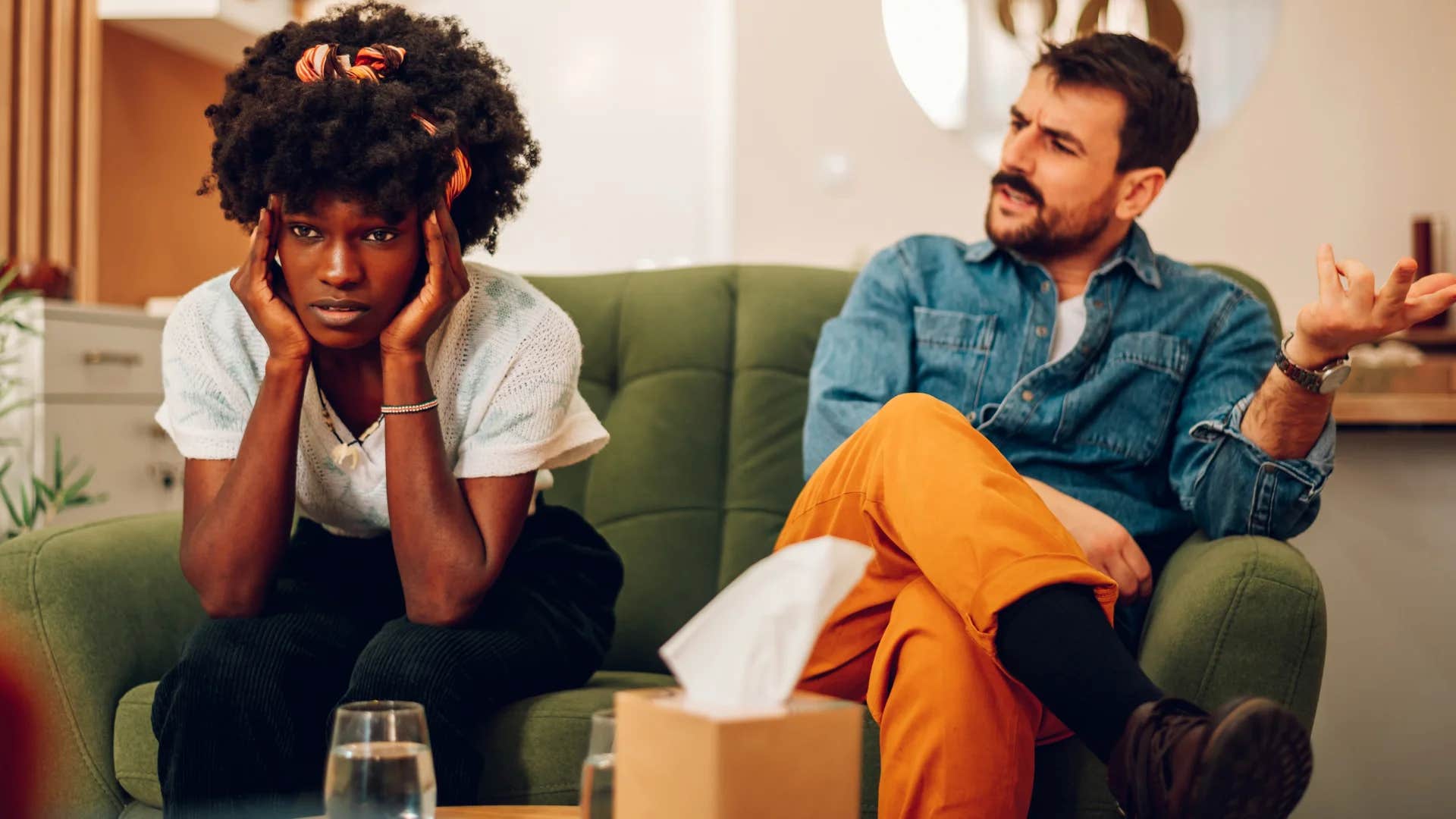 man who wasn't raised around healthy love telling woman you're being too emotional