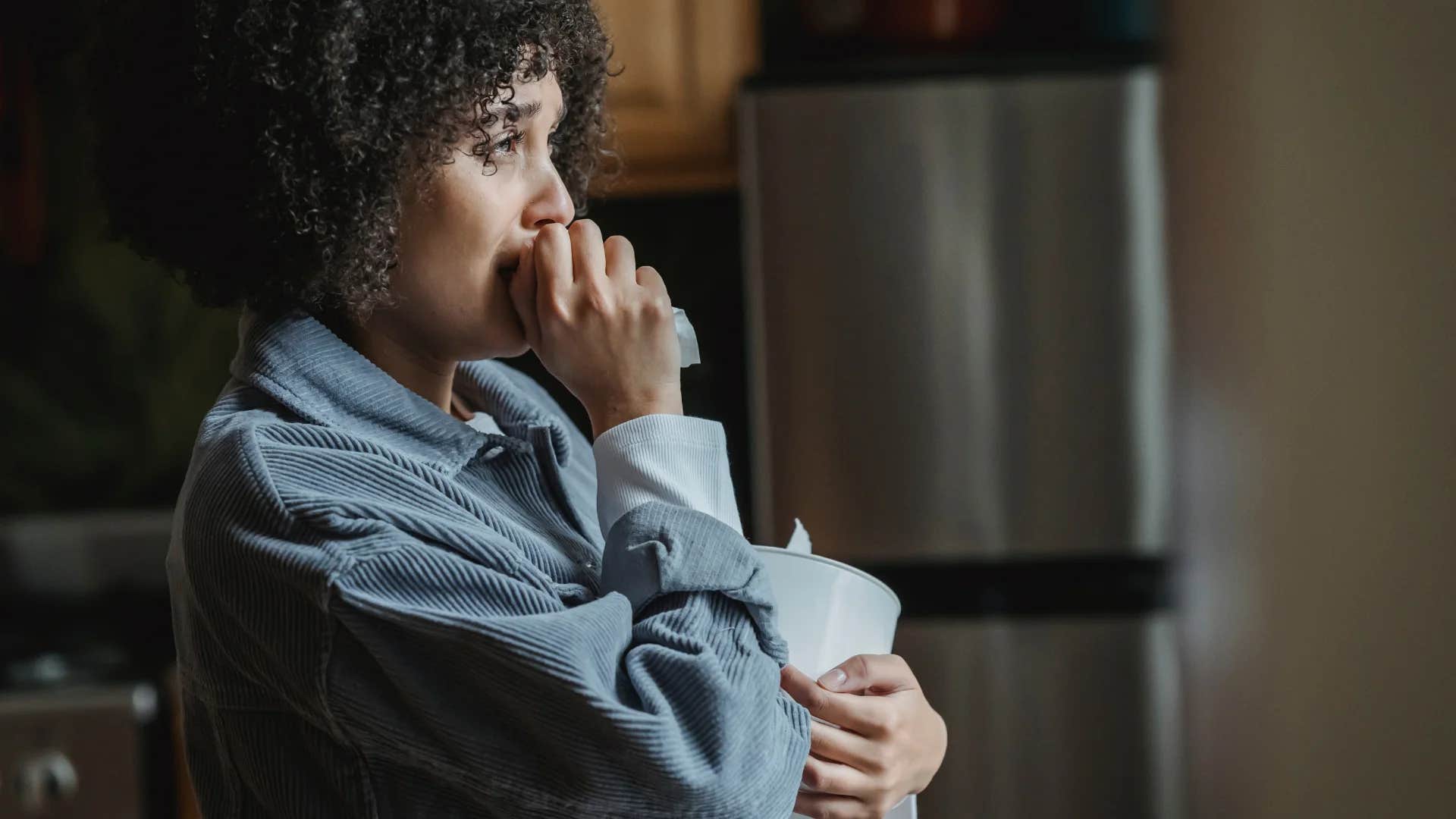 woman settling in her relationship on phone saying on paper they're perfect