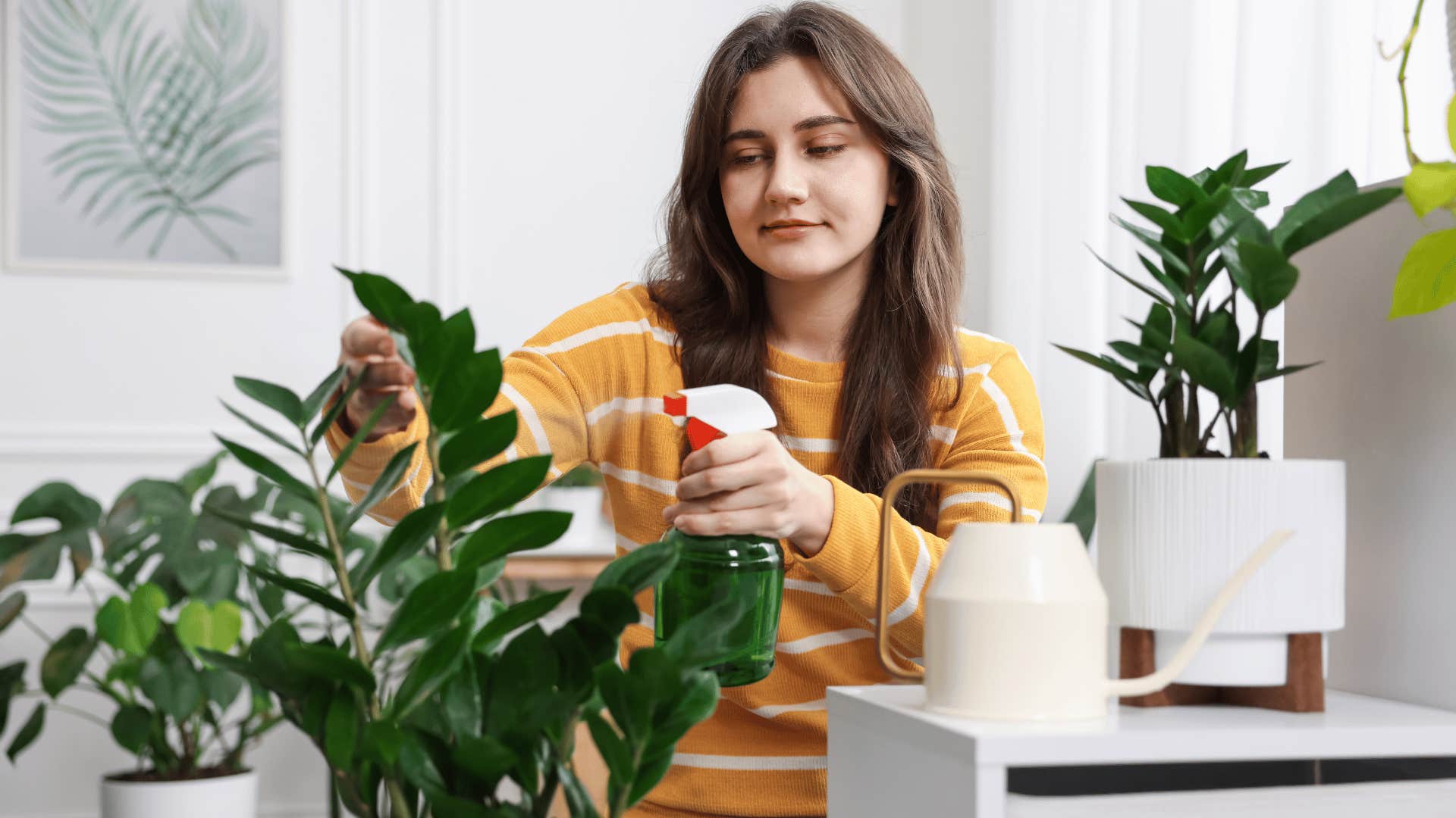 woman in yellow shirt tending to houseplants