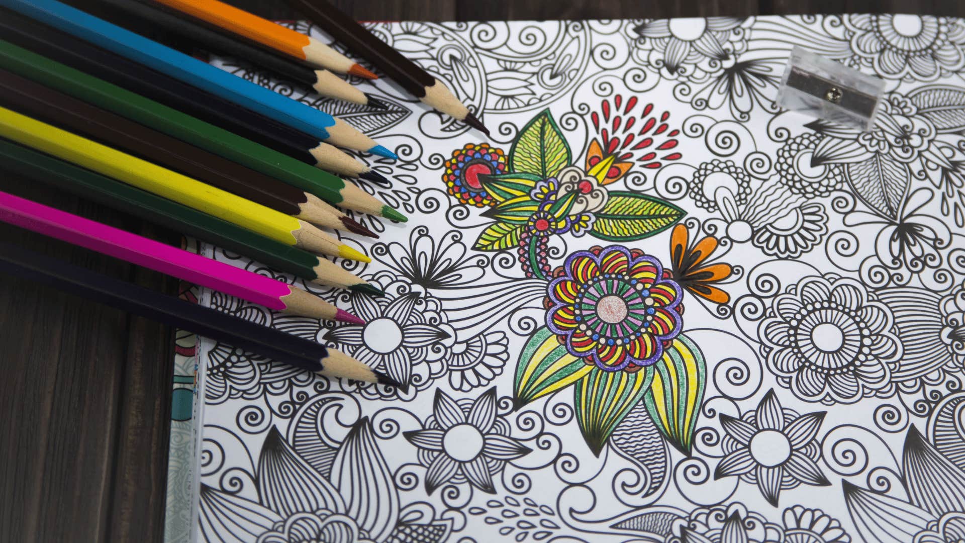 adult coloring book with colored pencils