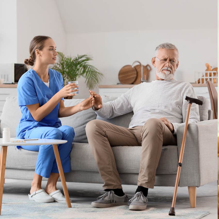 man refusing help from aid trying to assist him