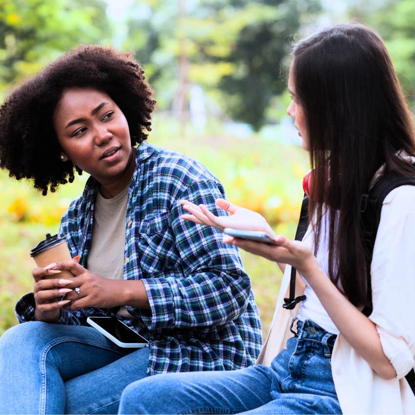 woman saying can we go to yours to her friend to avoid having visitors
