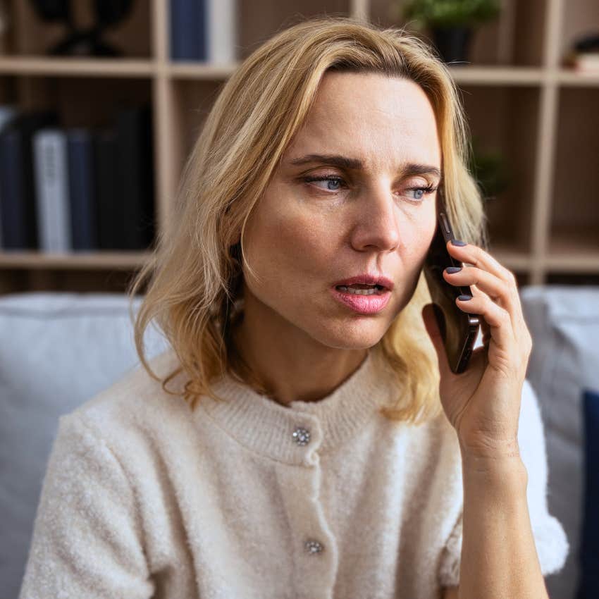 overwhelmed woman saying I missed your text on phone to her friend
