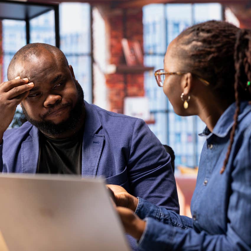 artificial intellectual man in conversation with co-worker telling her it's profound