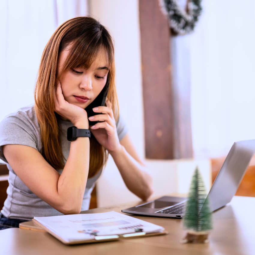 unsatisfied woman saying I wish I could be happy for you on the phone